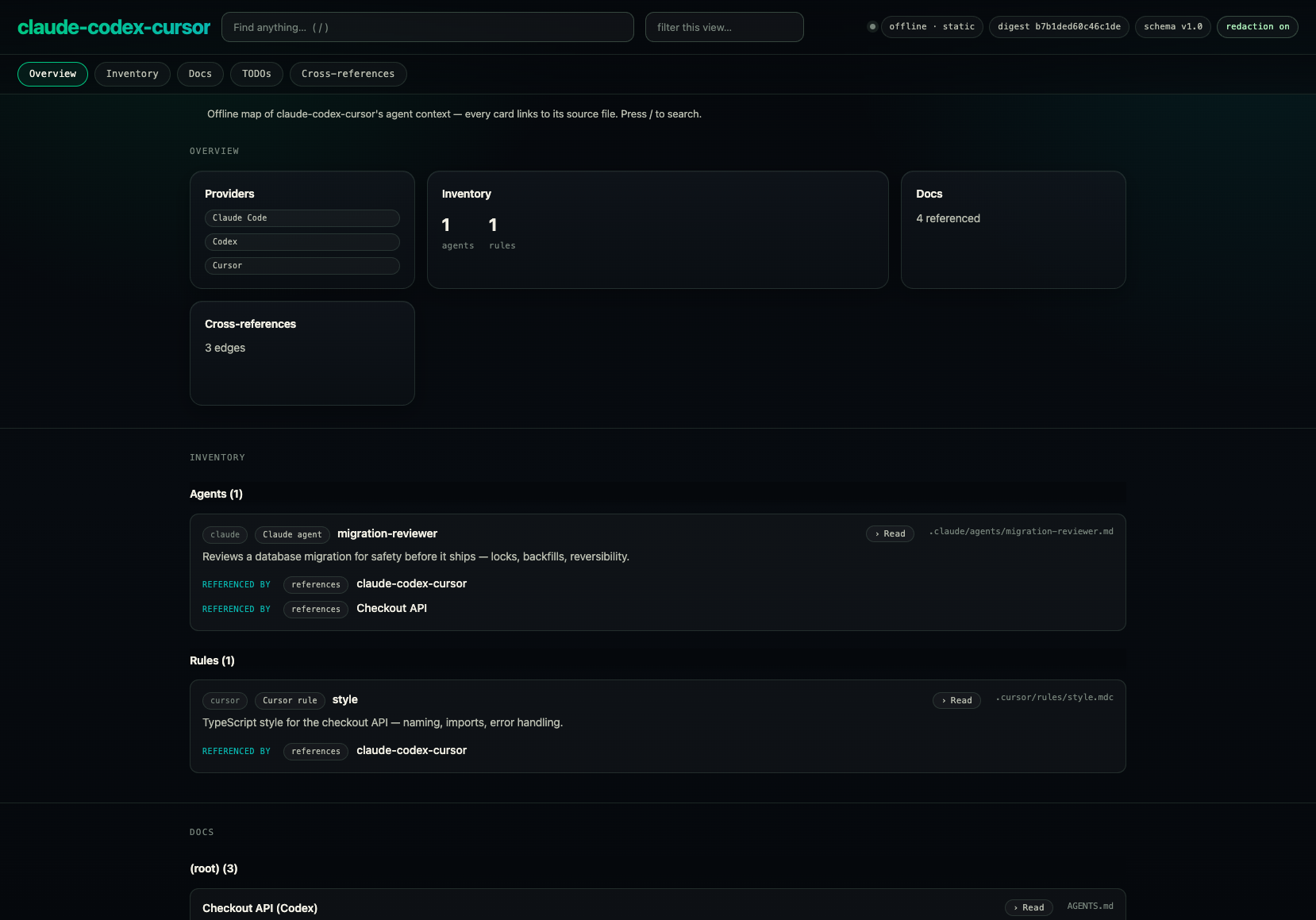 Agent Context Center dashboard with overview, inventory, docs, TODOs, and cross-reference sections